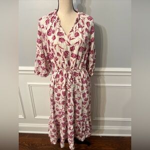 Draper James RSVP Pink Red Floral Midi Dress XL Cinched Waist Spring Easter